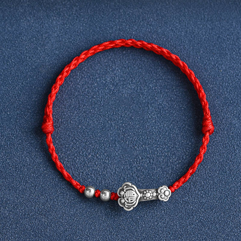 KarmaRipple's Handmade 999 Sterling Silver Fu Character Wish Ruyi Handle Fortune Rope Bracelet Anklet p12