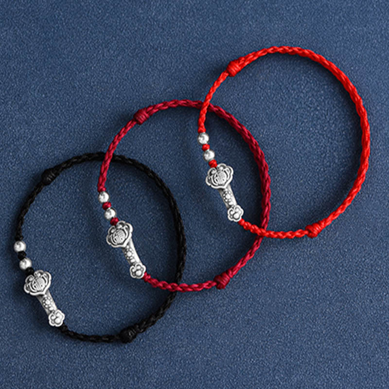 KarmaRipple's Handmade 999 Sterling Silver Fu Character Wish Ruyi Handle Fortune Rope Bracelet Anklet p28