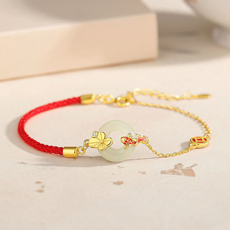 KarmaRipple's Handmade 925 Sterling Silver Hetian Jade Chinese Goldfish Peace Buckle?Red Rope Bracelet p14
