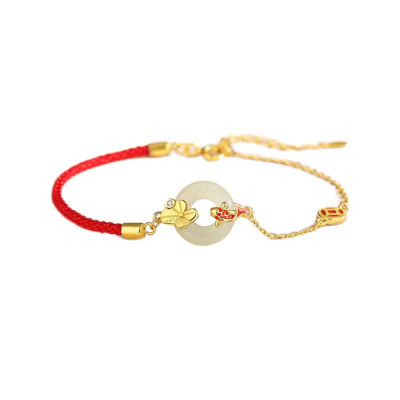 KarmaRipple's Handmade 925 Sterling Silver Hetian Jade Chinese Goldfish Peace Buckle?Red Rope Bracelet p13