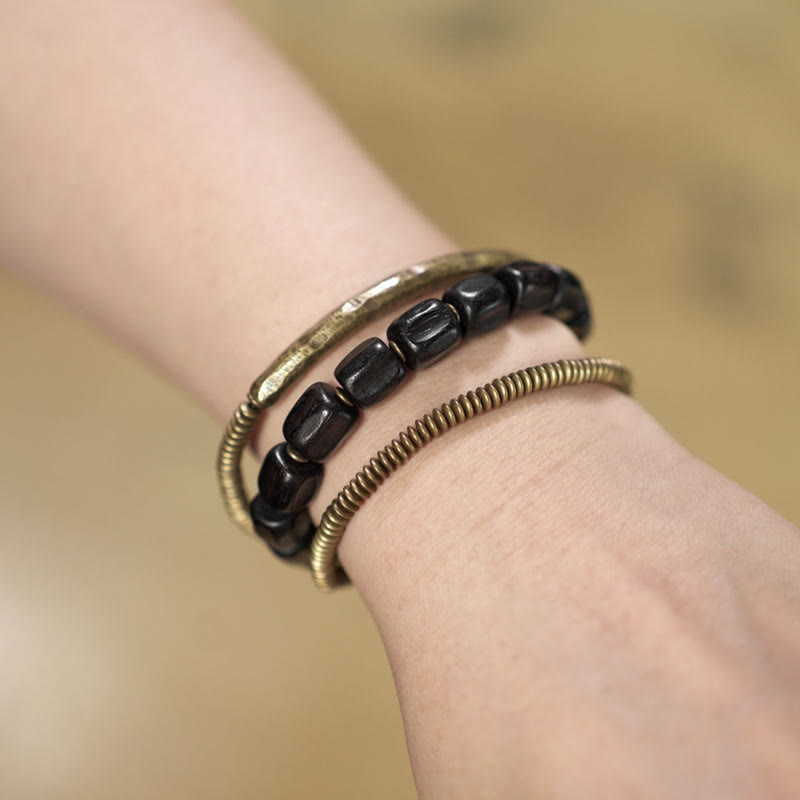 KarmaRipple's Vintage Peace Tibetan Ebony Wood Beadwork Bronze Multilayered Balancing Bracelet p16