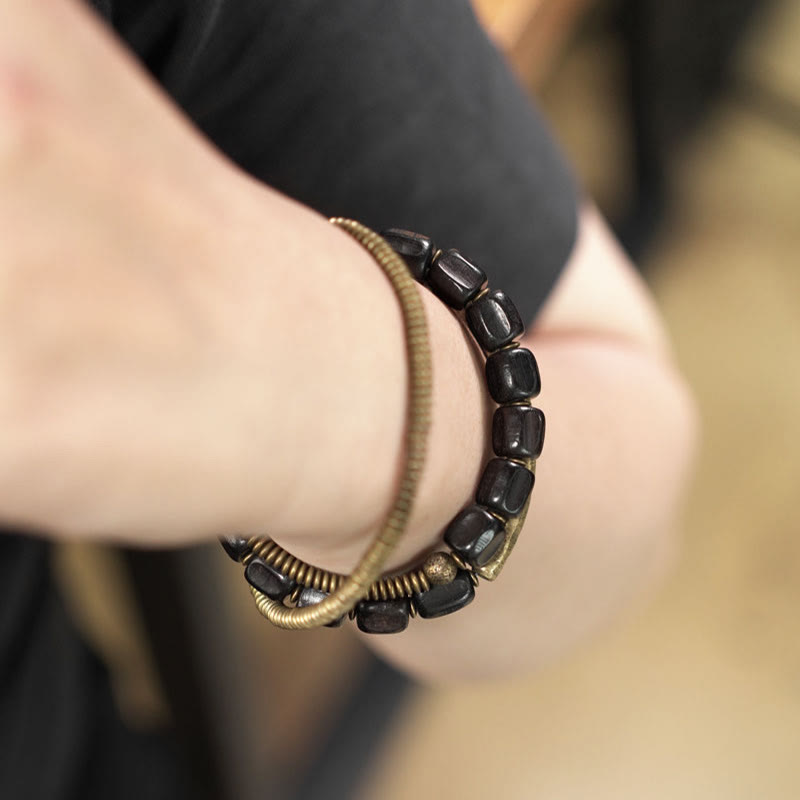 KarmaRipple's Vintage Peace Tibetan Ebony Wood Beadwork Bronze Multilayered Balancing Bracelet p10