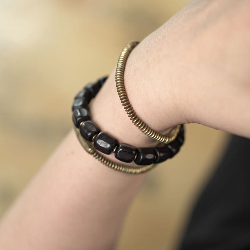 KarmaRipple's Vintage Peace Tibetan Ebony Wood Beadwork Bronze Multilayered Balancing Bracelet p12