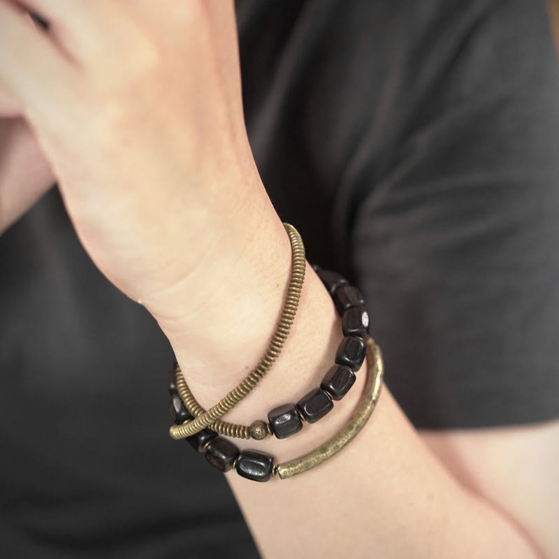 KarmaRipple's Vintage Peace Tibetan Ebony Wood Beadwork Bronze Multilayered Balancing Bracelet p5