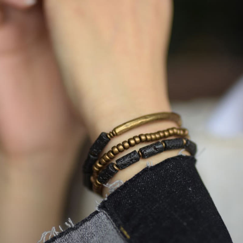 KarmaRipple's Vintage Lava Rock Bronze Beadwork Multi-layered Wrap Bracelet p5