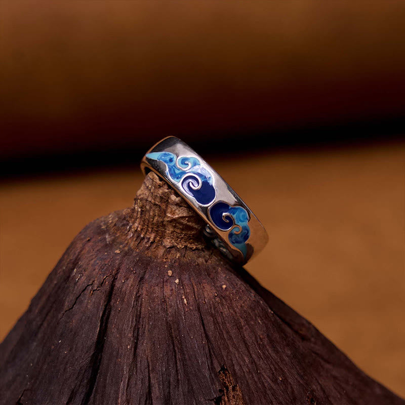 KarmaRipple's Blue Auspicious Clouds Pattern Wealth Bronze Adjustable Ring p3