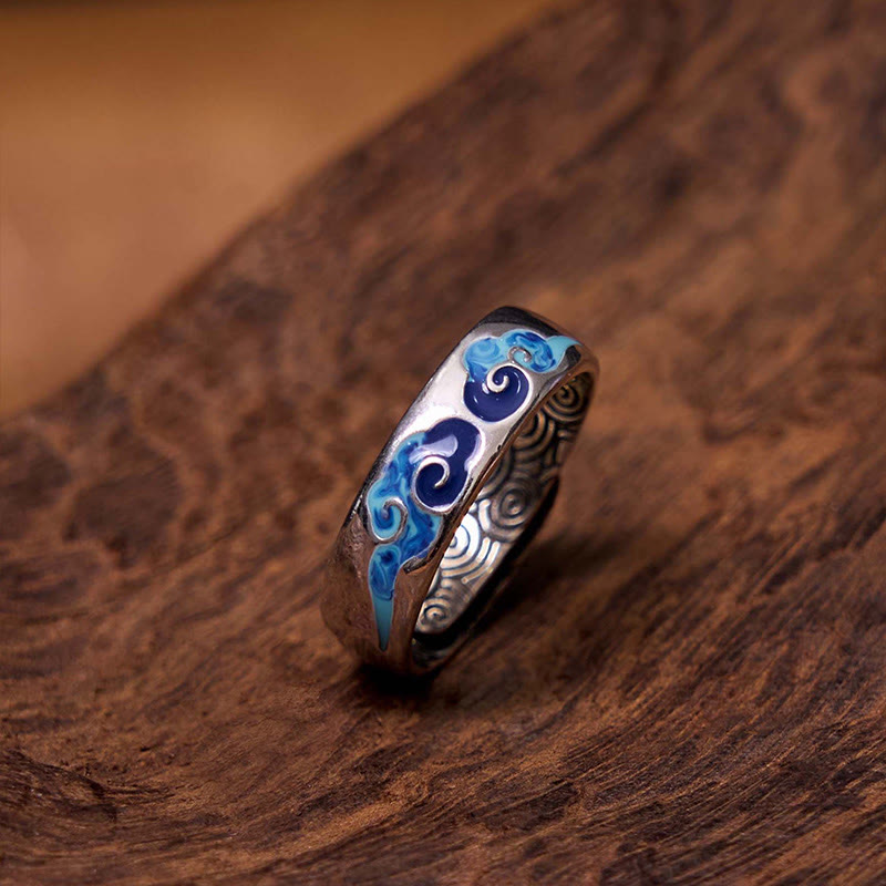 KarmaRipple's Blue Auspicious Clouds Pattern Wealth Bronze Adjustable Ring p5