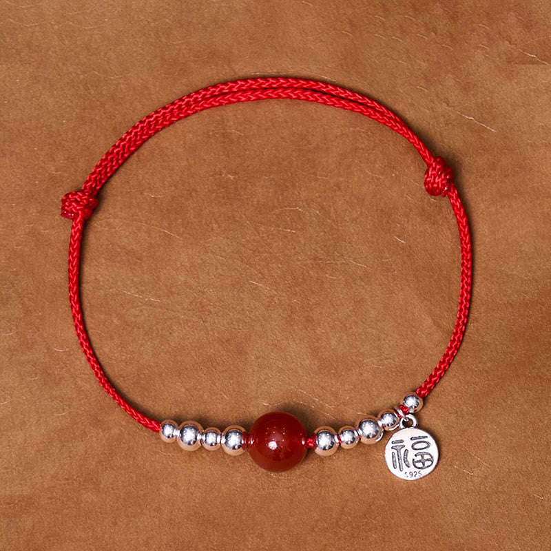 KarmaRipple's Handmade 925 Sterling Silver Fu Character Red Agate Fortune Woven Ultra-Thin Rope Bracelet p1