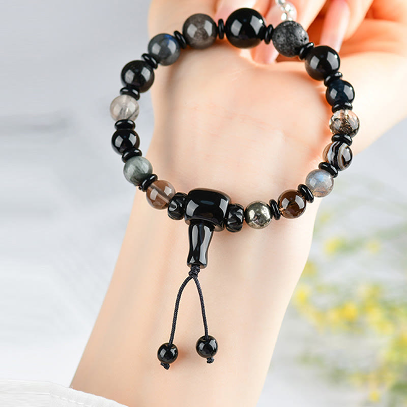 KarmaRipple's Five Elements Various Gemstone Black Obsidian Wealth Wisdom Bracelet p3