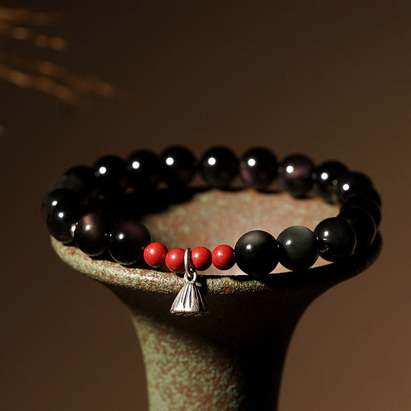 KarmaRipple's Authentic Black Obsidian Cinnabar Lotus Talisman Strength Fulfillment Bracelet p1