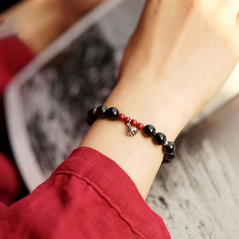 KarmaRipple's Authentic Black Obsidian Cinnabar Lotus Talisman Strength Fulfillment Bracelet p4