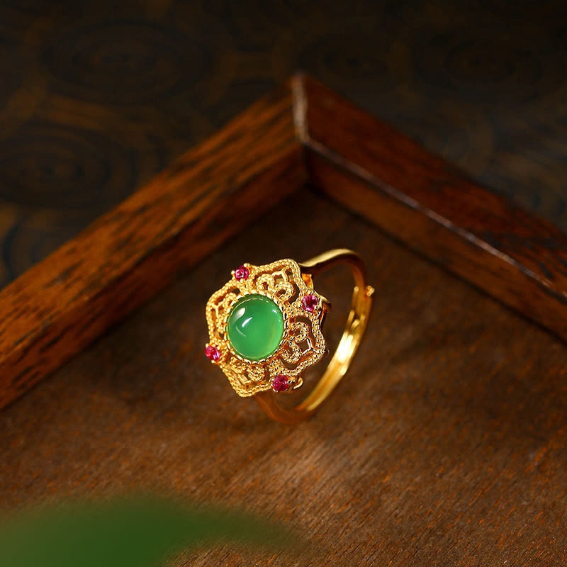 KarmaRipple's Green Chalcedony Hollow Pattern Strength Adjustable Ring p3