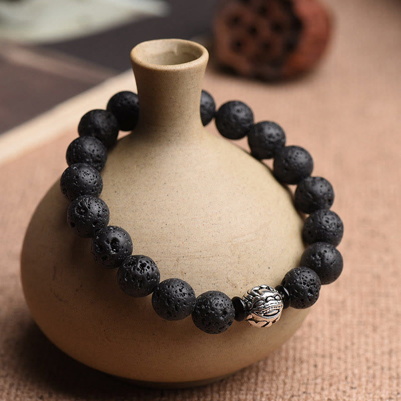 KarmaRipple's Lava Rock Beadwork Ivory Bronze PiXiu Wealth Bracelet p2