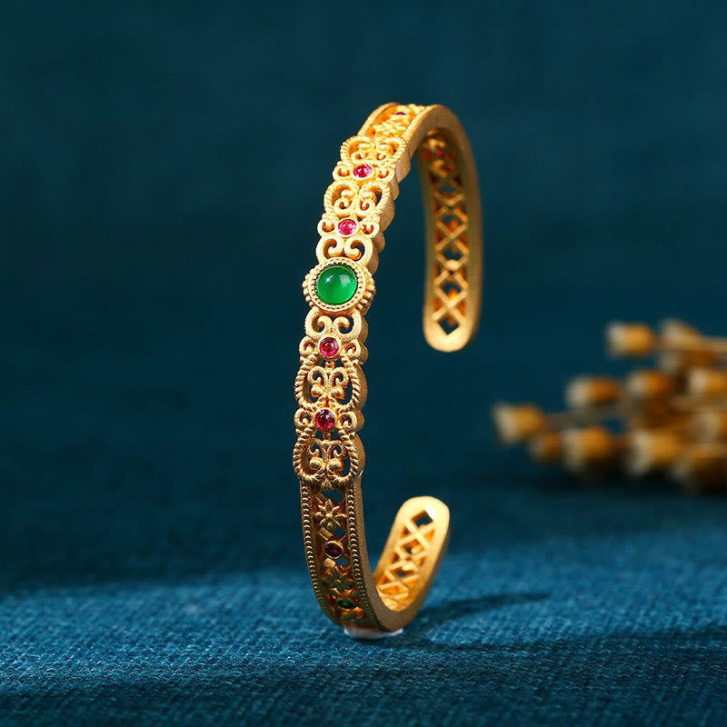 KarmaRipple's Green Chalcedony 24k Gold Plated Bronze Strength Cuff Bracelet Bangle p1