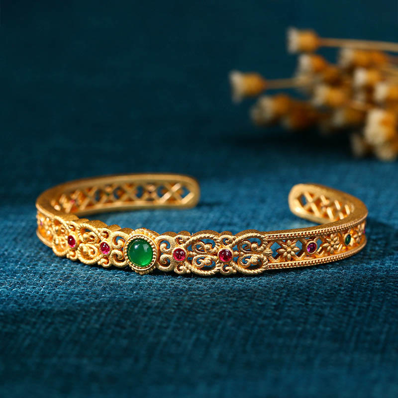 KarmaRipple's Green Chalcedony 24k Gold Plated Bronze Strength Cuff Bracelet Bangle p3
