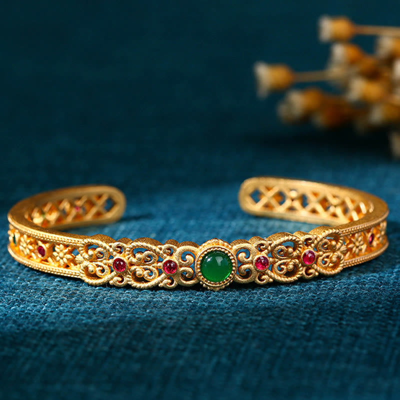 KarmaRipple's Green Chalcedony 24k Gold Plated Bronze Strength Cuff Bracelet Bangle p2