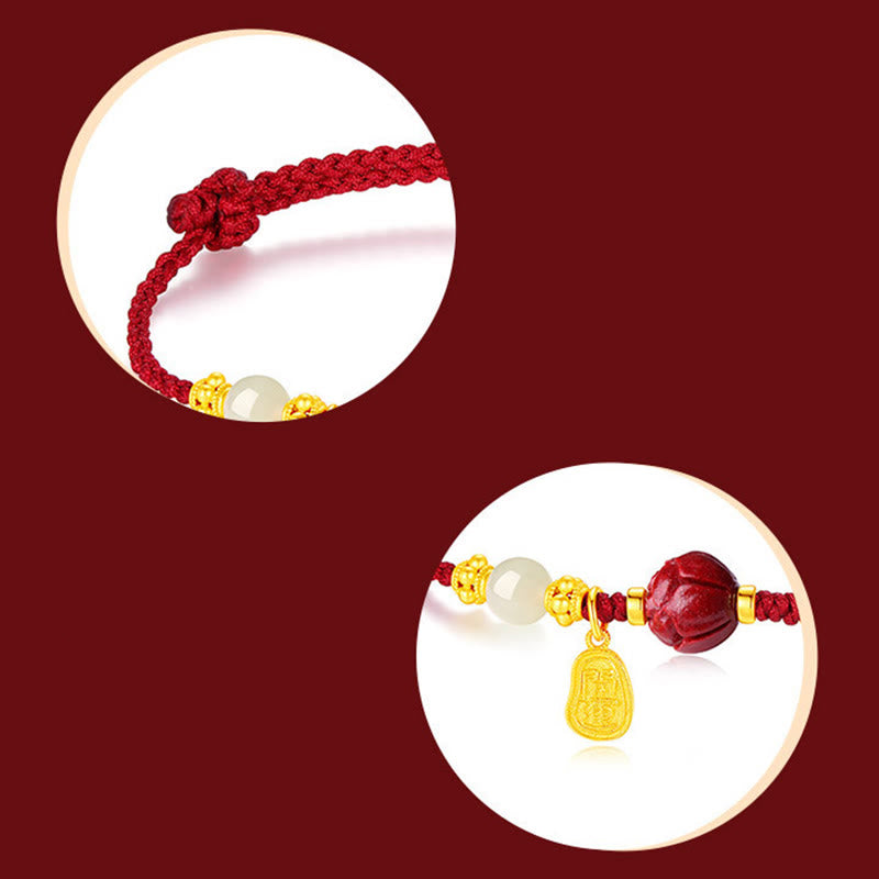 KarmaRipple's Fu Character Jade Cinnabar 24K Gold Plated Fortune Red String Bracelet p13