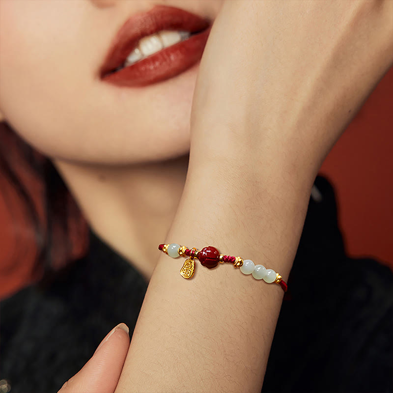 KarmaRipple's Fu Character Jade Cinnabar 24K Gold Plated Fortune Red String Bracelet p4