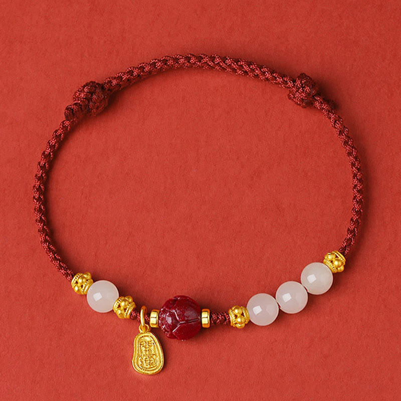 KarmaRipple's Fu Character Jade Cinnabar 24K Gold Plated Fortune Red String Bracelet p2