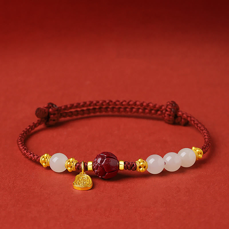 KarmaRipple's Fu Character Jade Cinnabar 24K Gold Plated Fortune Red String Bracelet p1