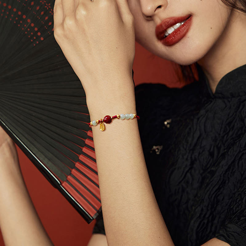 KarmaRipple's Fu Character Jade Cinnabar 24K Gold Plated Fortune Red String Bracelet p5