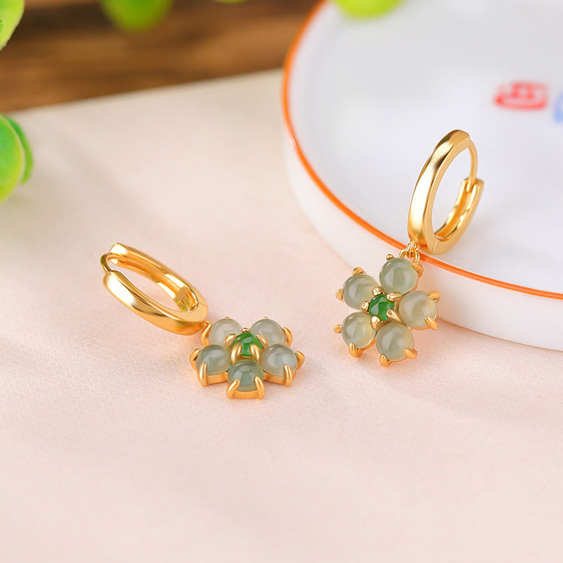 KarmaRipple's 925 Sterling Silver Plated Gold Green Jade Flower Design Fortune Prosperity Earrings p3