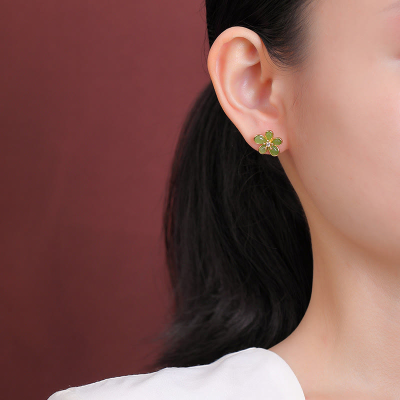 KarmaRipple's 925 Sterling Silver Hetian Jade Flower Design Abundance Fortune Earrings p5