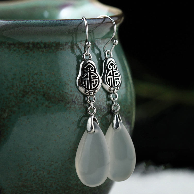 KarmaRipple's 925 Sterling Silver Posts Authentic Chalcedony Fu Character Positive Balance Earrings p2