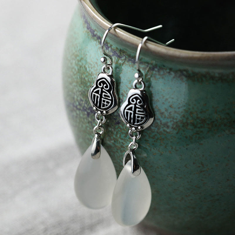 KarmaRipple's 925 Sterling Silver Posts Authentic Chalcedony Fu Character Positive Balance Earrings p3