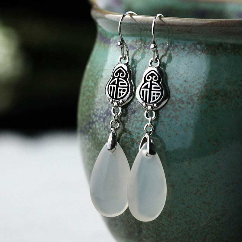 KarmaRipple's 925 Sterling Silver Posts Authentic Chalcedony Fu Character Positive Balance Earrings p4