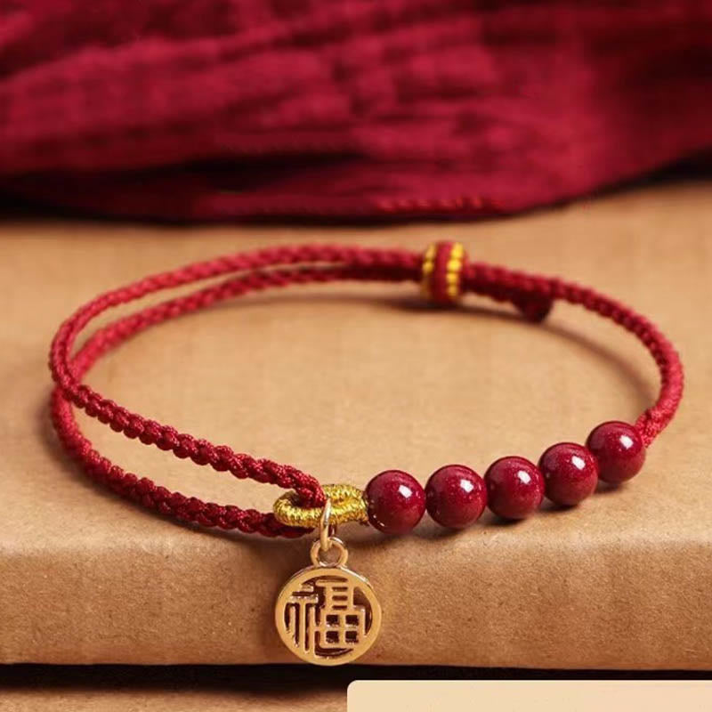 KarmaRipple's Cinnabar Fu Character Beadwork Blessing Red String Handmade Woven Bracelet p1