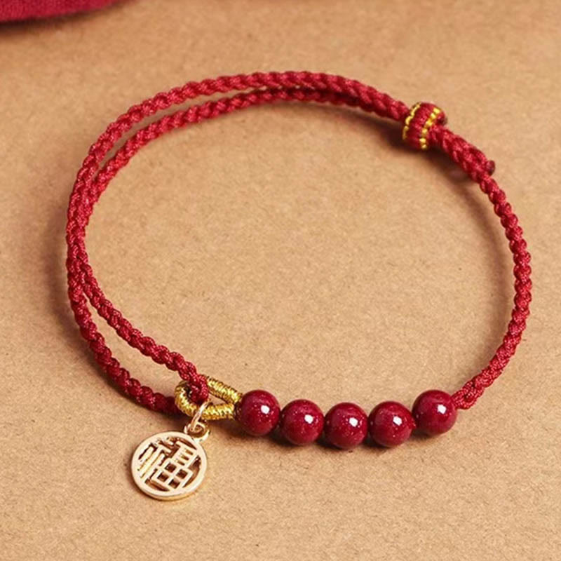 KarmaRipple's Cinnabar Fu Character Beadwork Blessing Red String Handmade Woven Bracelet p2