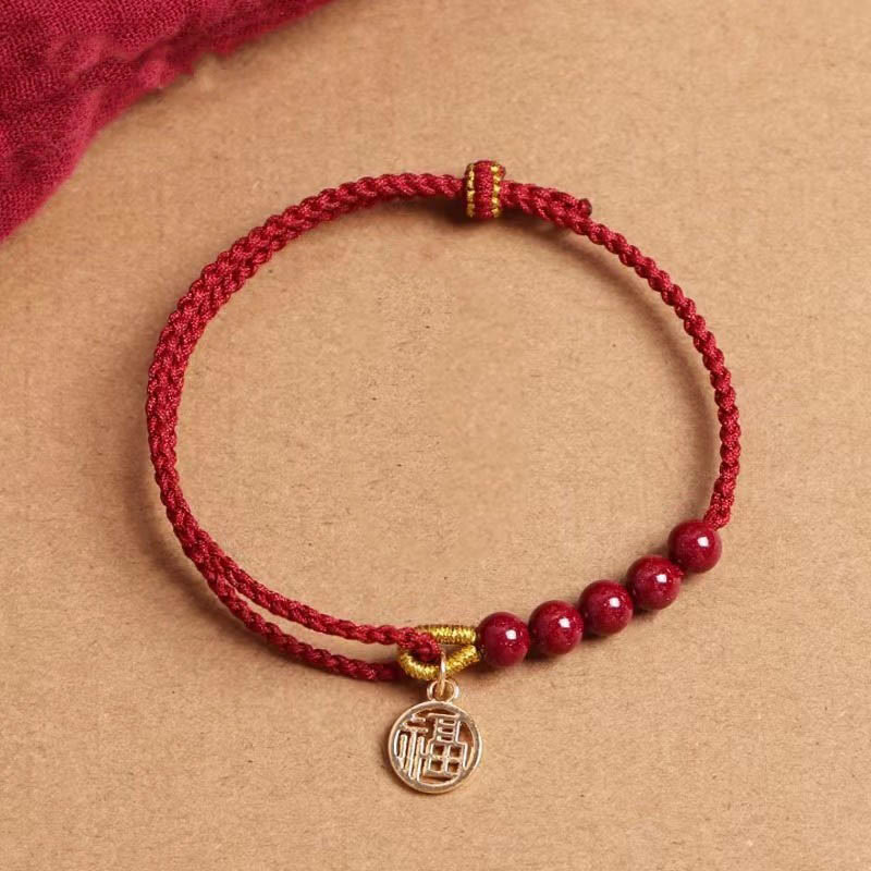 KarmaRipple's Cinnabar Fu Character Beadwork Blessing Red String Handmade Woven Bracelet p3