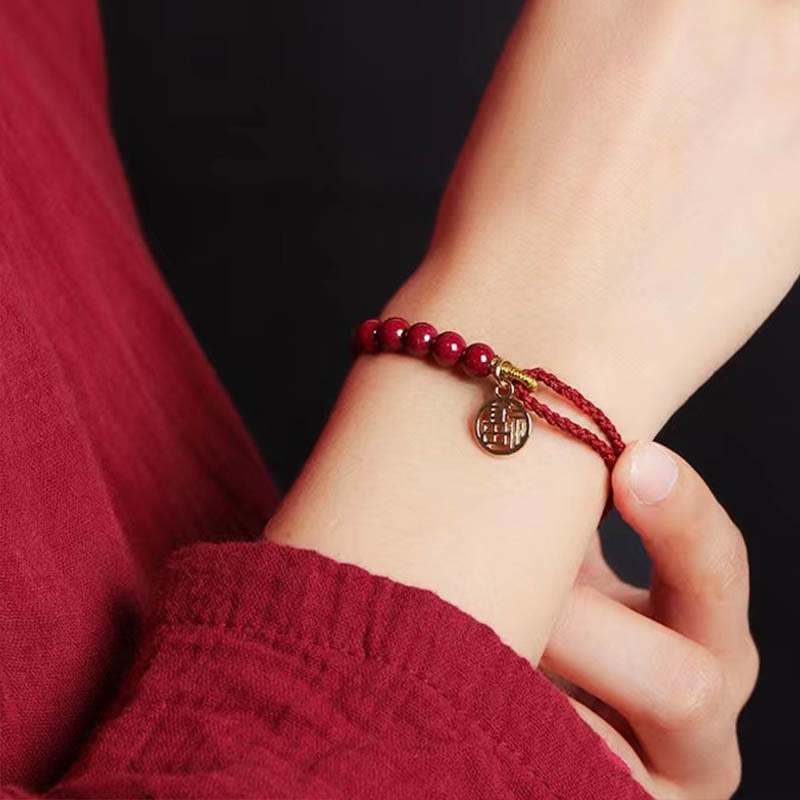 KarmaRipple's Cinnabar Fu Character Beadwork Blessing Red String Handmade Woven Bracelet p5