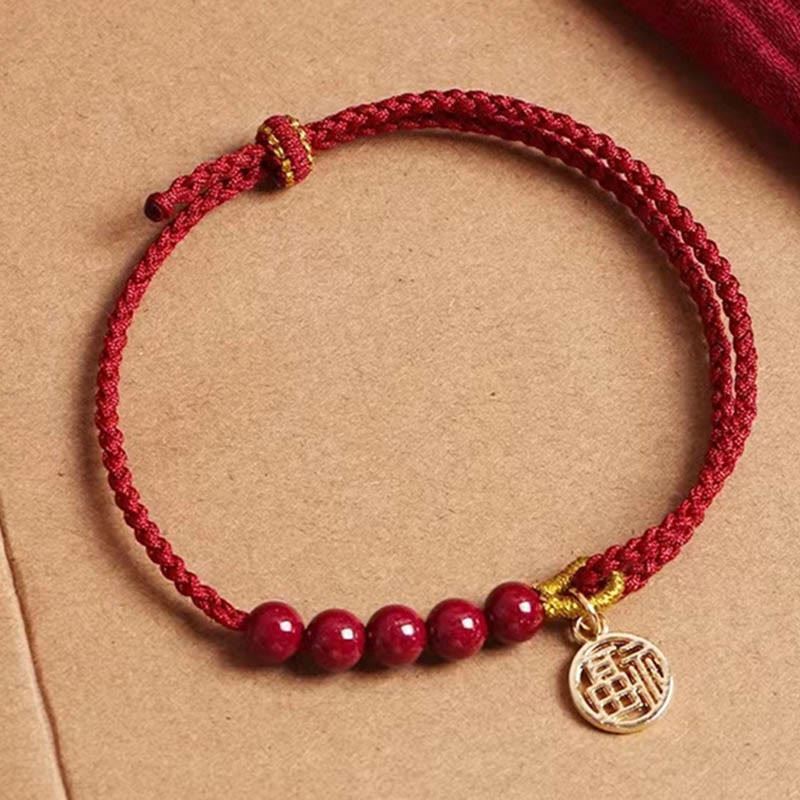 KarmaRipple's Cinnabar Fu Character Beadwork Blessing Red String Handmade Woven Bracelet p14