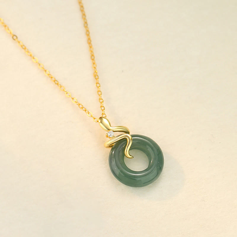 KarmaRipple's 925 Sterling Silver 18K Gold Jade Peace Buckle Spirit Snake Peace Pendant Necklace p11