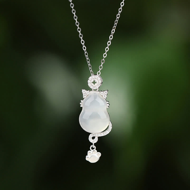 KarmaRipple's 925 Sterling Silver 14k Gold Ivory Jade Gourd Cat Protection Pendant Necklace p1