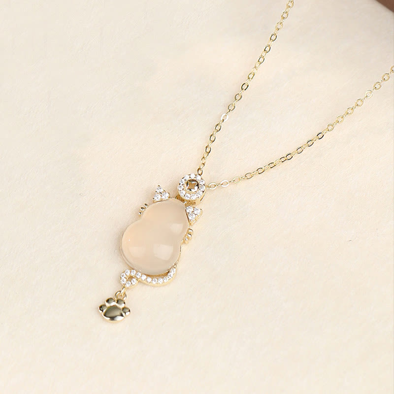 KarmaRipple's 925 Sterling Silver 14k Gold Ivory Jade Gourd Cat Protection Pendant Necklace p12