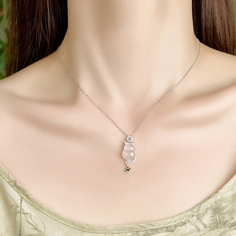 KarmaRipple's 925 Sterling Silver 14k Gold Ivory Jade Gourd Cat Protection Pendant Necklace p4