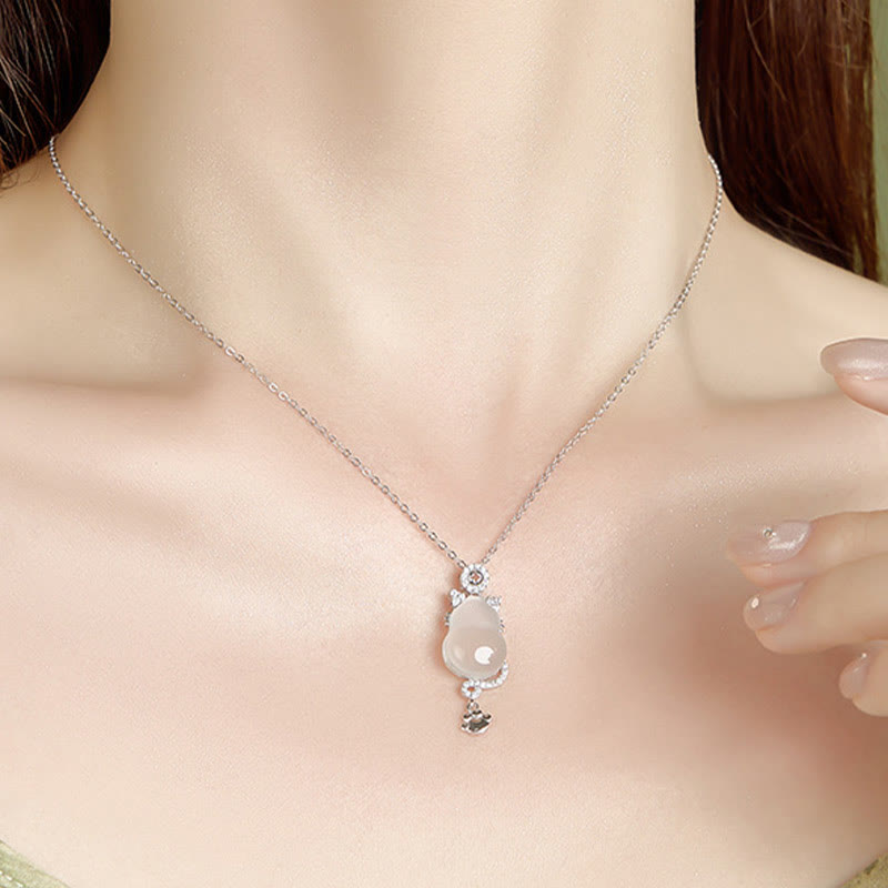KarmaRipple's 925 Sterling Silver 14k Gold Ivory Jade Gourd Cat Protection Pendant Necklace p6