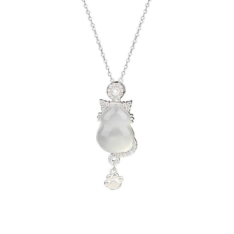 KarmaRipple's 925 Sterling Silver 14k Gold Ivory Jade Gourd Cat Protection Pendant Necklace p3