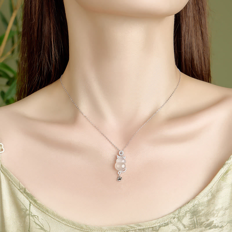 KarmaRipple's 925 Sterling Silver 14k Gold Ivory Jade Gourd Cat Protection Pendant Necklace p5