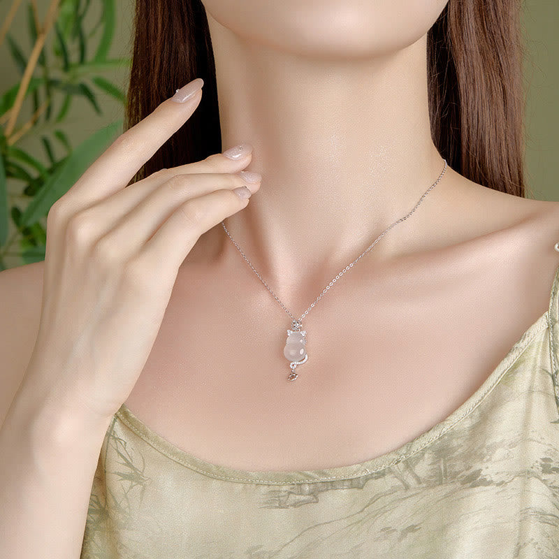 KarmaRipple's 925 Sterling Silver 14k Gold Ivory Jade Gourd Cat Protection Pendant Necklace p9