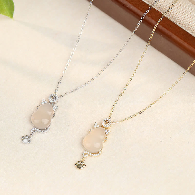 KarmaRipple's 925 Sterling Silver 14k Gold Ivory Jade Gourd Cat Protection Pendant Necklace p10