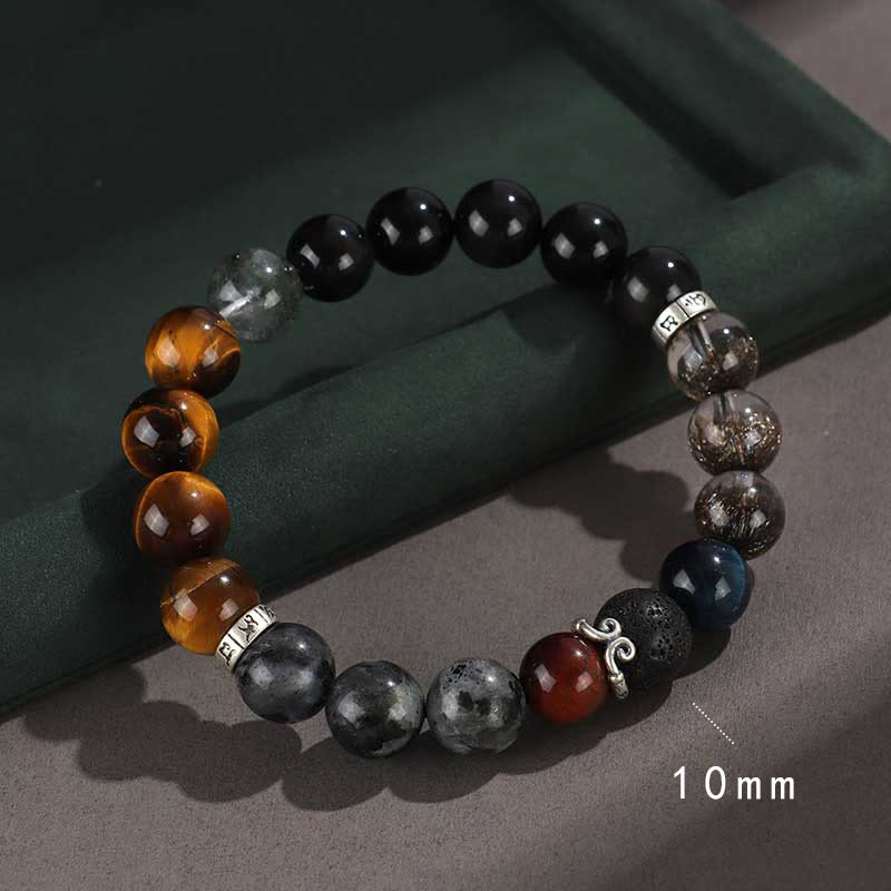 KarmaRipple's 925 Sterling Silver Black Onyx Gold Sheen Obsidian Lava Rock Tiger Eye Six True Words Wealth Protection Bracelet p3