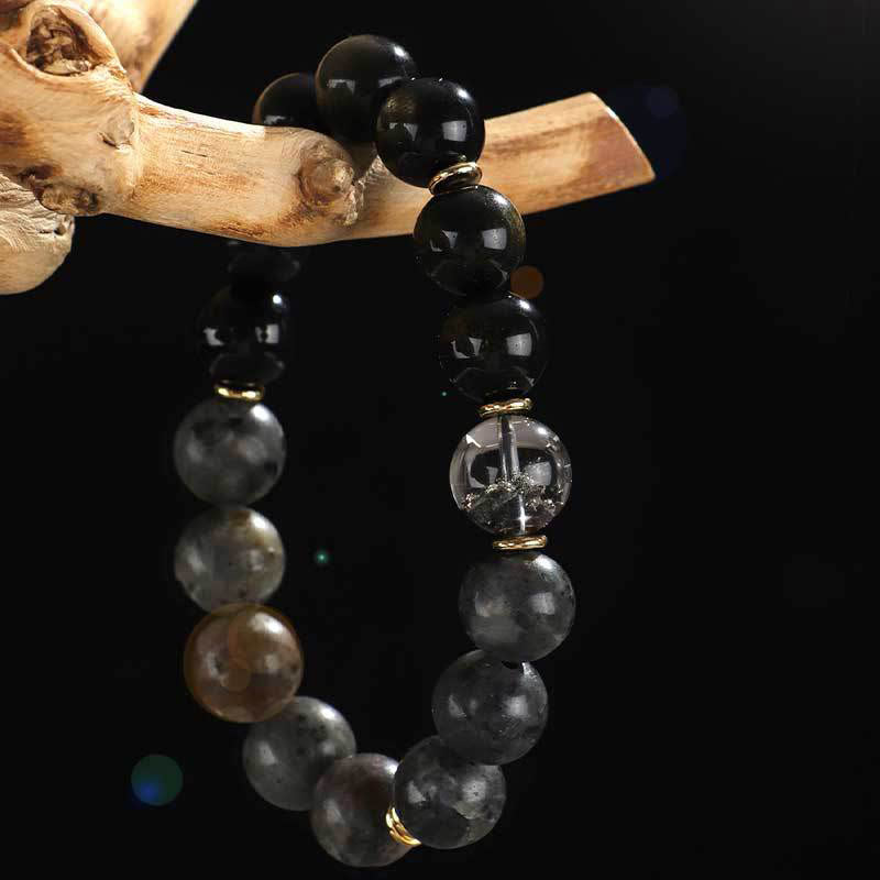 KarmaRipple's 925 Sterling Silver Black Onyx Gold Sheen Obsidian Lava Rock Tiger Eye Six True Words Wealth Protection Bracelet p6