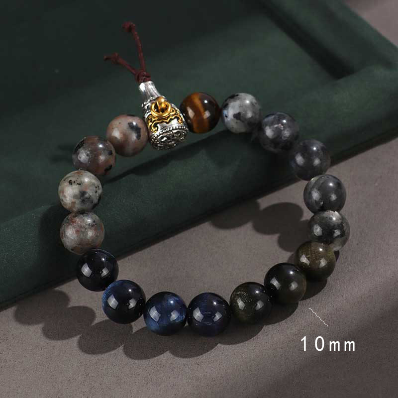 KarmaRipple's 925 Sterling Silver Black Onyx Gold Sheen Obsidian Lava Rock Tiger Eye Six True Words Wealth Protection Bracelet p5