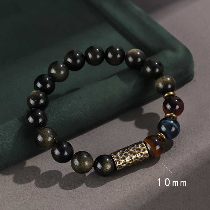KarmaRipple's 925 Sterling Silver Black Onyx Gold Sheen Obsidian Lava Rock Tiger Eye Six True Words Wealth Protection Bracelet p19