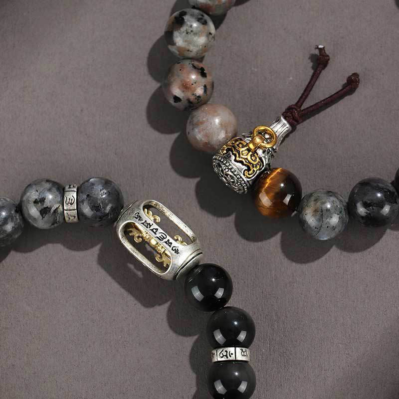 KarmaRipple's 925 Sterling Silver Black Onyx Gold Sheen Obsidian Lava Rock Tiger Eye Six True Words Wealth Protection Bracelet p15