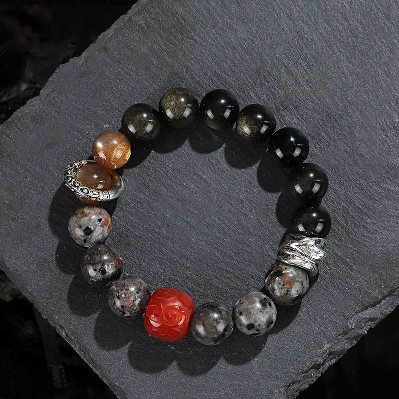 KarmaRipple's Gold Sheen Obsidian Lava Rock Red Agate Protection Bracelet p1